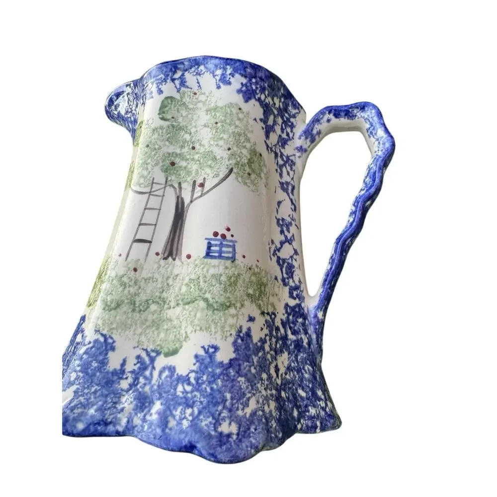 VTG Molly Dallas Blue Spatterware Ohio Folk Apple Tree Pitcher Wavy Handle 6.5